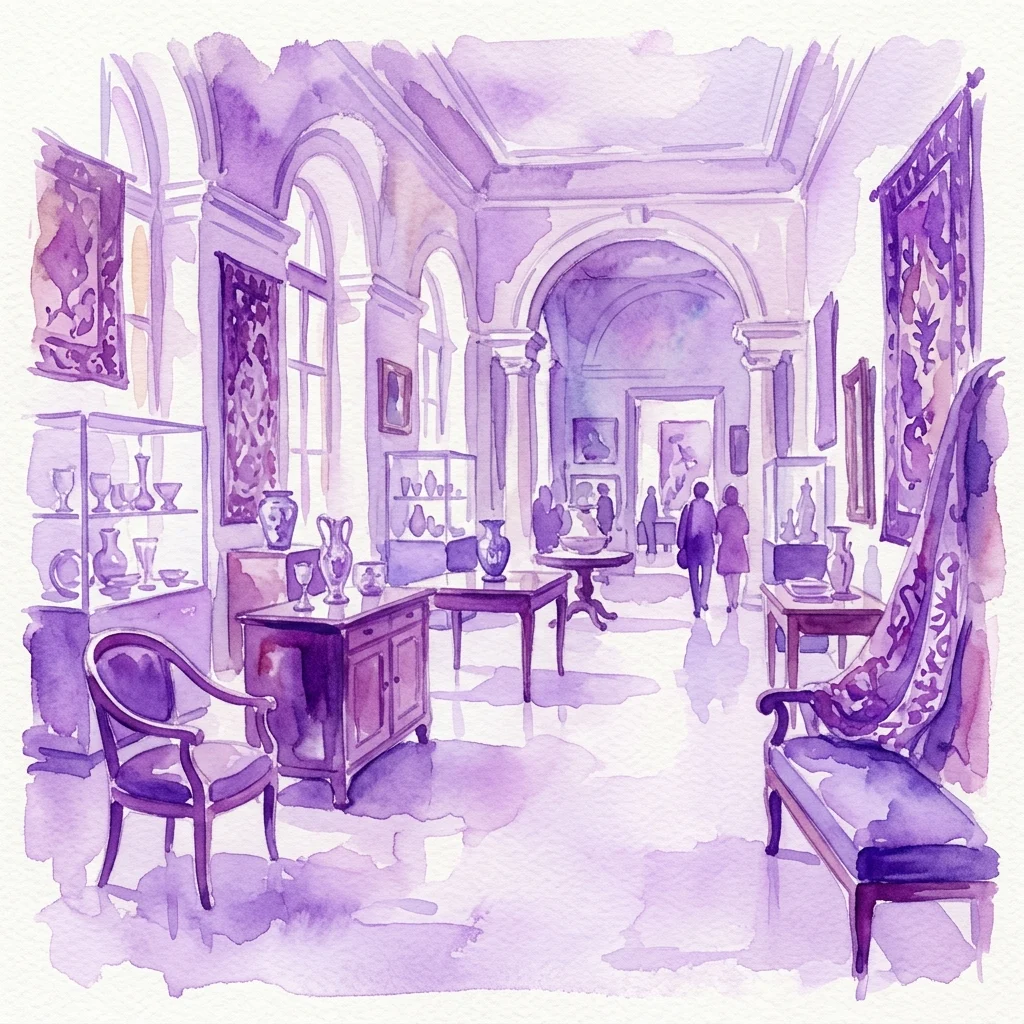 Waterverfillustratie van een museumgalerij interieur in het MAK - Museum für angewandte Kunst, met historische meubels, glaswerk en textiel en bezoekers die de ruimte verkennen.