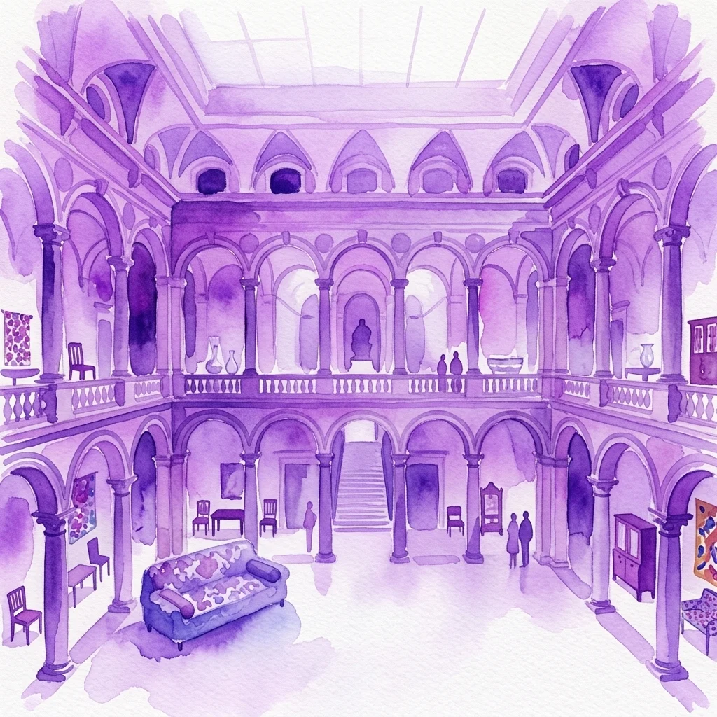 Ilustracja akwarelowa wnętrza MAK - Muzeum Sztuki Stosowanej, przedstawiająca wielką salę z arkadowymi kolumnadami, meblami wystawowymi i zwiedzającymi eksplorującymi przestrzeń.