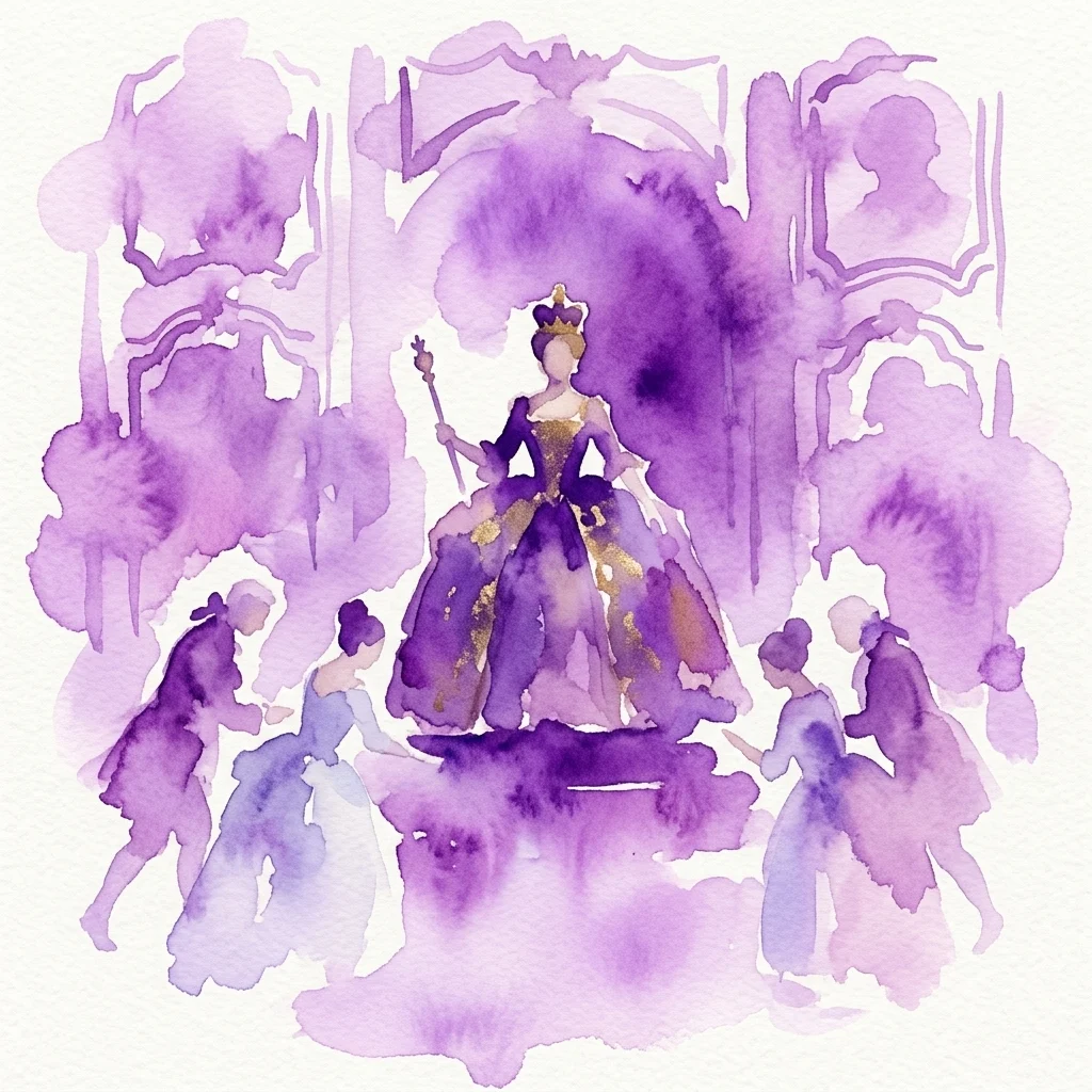 Waterverfillustratie van een koninklijke vrouw in een sierlijke paarse en gouden japon, gekroond en met een scepter, omringd door hovelingen in 18e-eeuwse kledij, die het historische muziekspektakel 'Maria Theresa – The Musical' oproept.