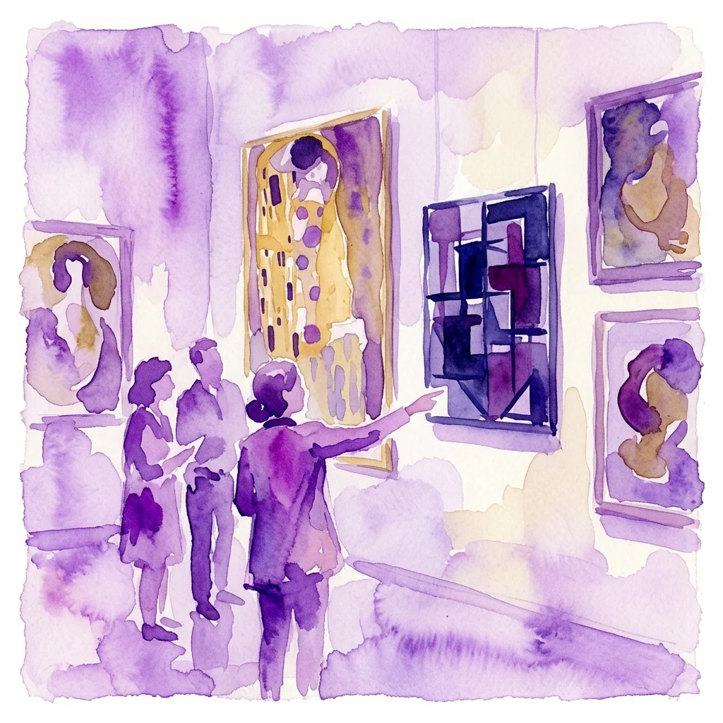 Ilustracja akwarelowa przedstawiająca zwiedzających muzeum oglądających dzieła sztuki w galerii, z przewodnikiem wskazującym na obraz Gustava Klimta, nawiązująca do tematu wystawy 'Mit anderen Augen', podczas której pracownicy muzeum dzielą się swoimi ulubionymi dziełami.