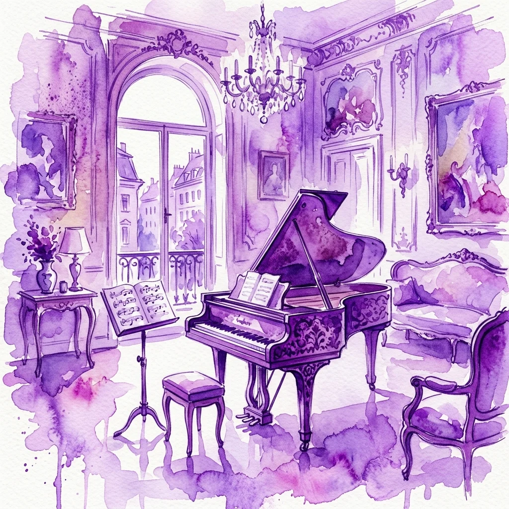 Ilustracja akwarelowa utrzymanej w stylu barokowym sali muzycznej w Mozarthaus Vienna, przedstawiająca fortepian z nutami, ozdobne meble i żyrandol, oddająca atmosferę twórczego środowiska Mozarta.