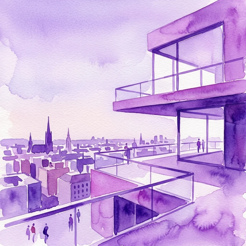 Een aquarelillustratie van het MQ Libelle uitzichtterras in Wenen, met panoramisch uitzicht over de stad, moderne architectuur en mensen die van de open ruimte genieten.