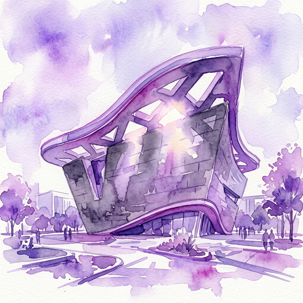 Ilustracja akwarelowa fasady muzeum mumok, ukazująca charakterystyczną zakrzywioną linię dachu i kanciaste geometryczne wycięcia, umieszczona w obrębie MuseumsQuartier w Wiedniu.