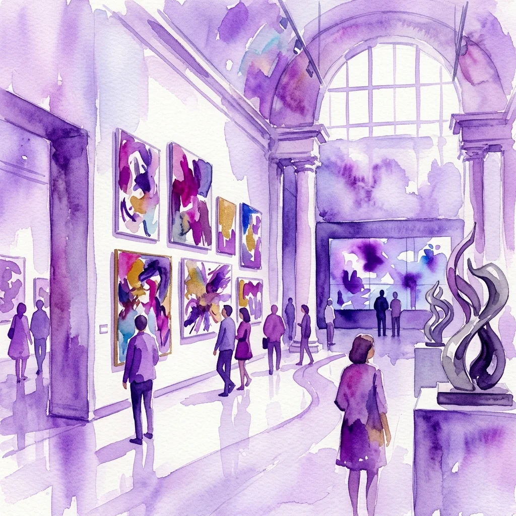 Ilustracja akwarelowa przedstawiająca musa Museum Start Gallery Artothek, prezentująca współczesną sztukę austriacką od 1945 roku, z odwiedzającymi oglądającymi obrazy, rzeźby i media cyfrowe w nowoczesnej przestrzeni galerii.