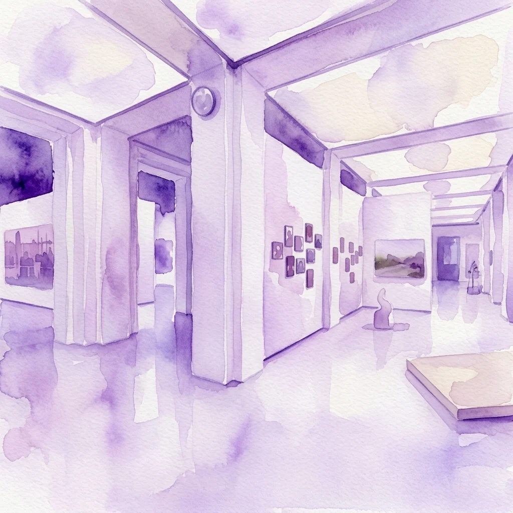 Ilustracja akwarelowa galerii musa Museum Startgalerie Artothek, prezentująca współczesne austriackie instalacje artystyczne, minimalistyczny design i fioletowe oświetlenie.