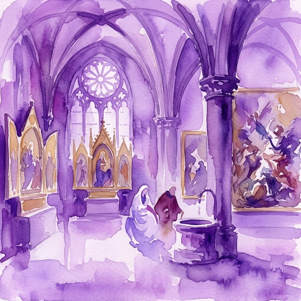 Akwarelowa ilustracja wnętrza Muzeum im Schottenstift w Wiedniu, przedstawiająca gotyckie łuki, okno rozetowe i obrazy barokowe, w tym okazały ołtarz.