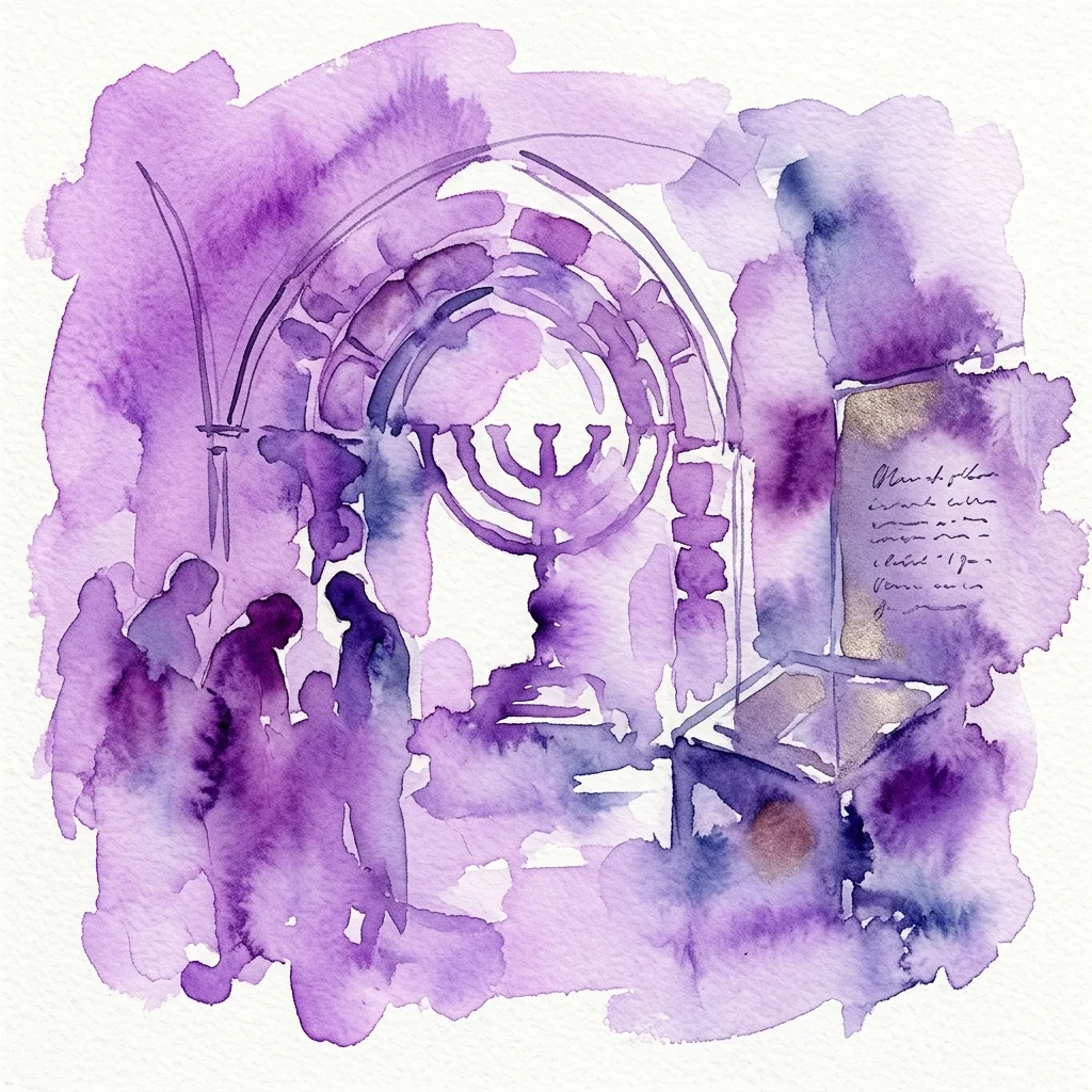 Watercolor illustration of the Museum Judenplatz, featuring a menorah, synagogue ruins, and a memorial plaque, rendered in purple hues to evoke a contemplative atmosphere.
