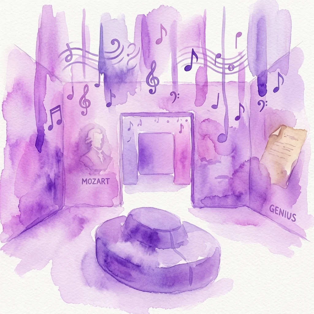 Ilustración en acuarela de una exposición multimedia inmersiva sobre Mozart, con notas musicales, un busto etiquetado como 'MOZART' y la palabra 'GENIUS' en una sala de tonos púrpuras.