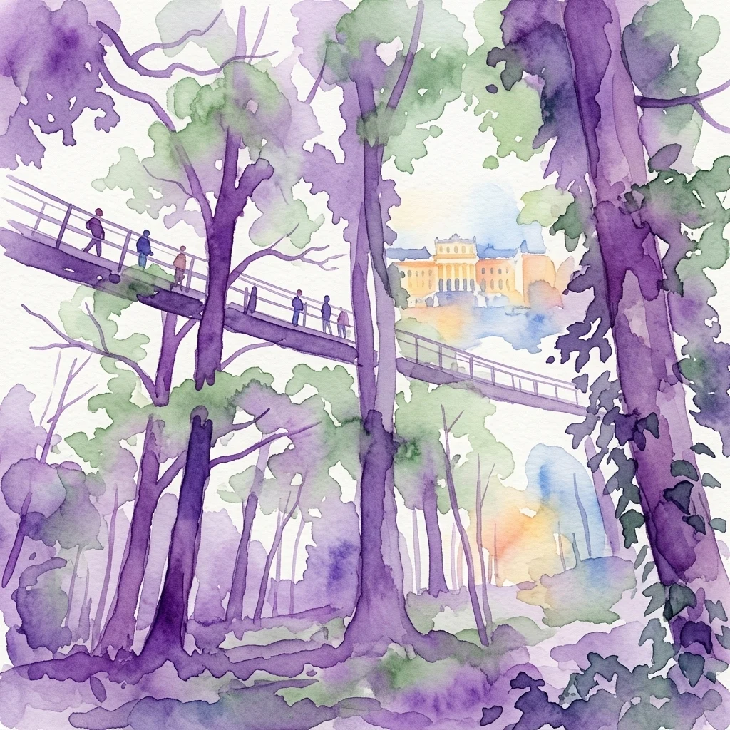 Ilustracja akwarelowa mostu wiszącego między koronami drzew, z spacerującymi odwiedzającymi, oferująca widok na Pałac Schönbrunn w oddali.