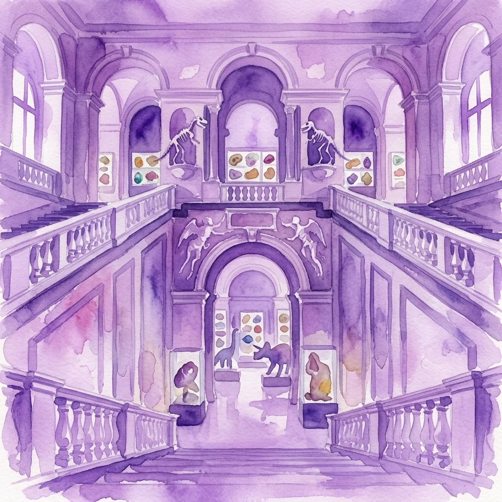 Ilustracja akwarelowa wspaniałego wnętrza Muzeum Historii Naturalnej w Wiedniu, przedstawiająca szkielety dinozaurów, gabloty z eksponatami przyrodniczymi i ozdobną architekturę z łukowatymi klatkami schodowymi.