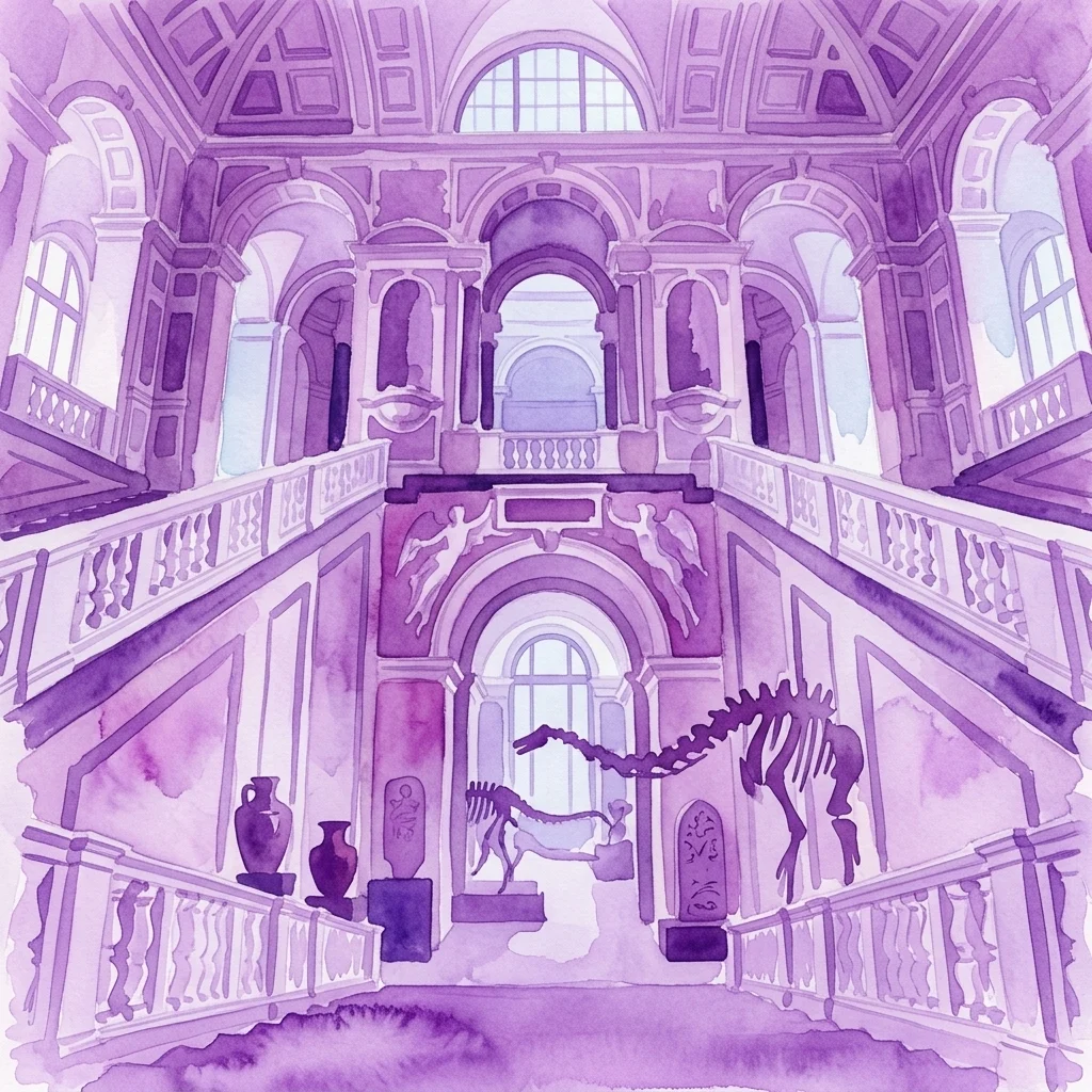 Wielkie wnętrze muzeum z wysokimi sufitami, łukowymi korytarzami i wystawionymi szkieletami dinozaurów, w tym dużym szkieletem zauropoda na środku Sali Jaszczurów (Sauriersaal).
