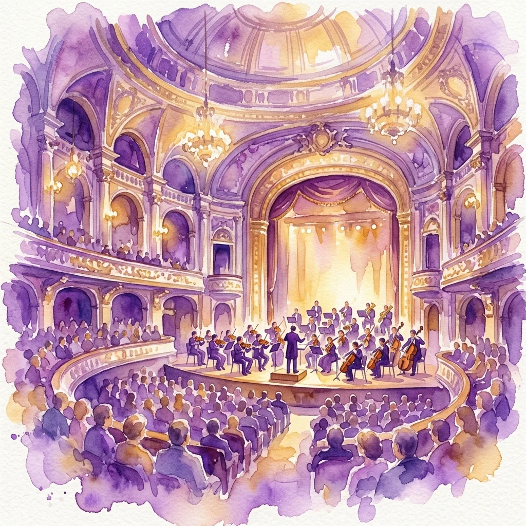 Een aquarelillustratie van het interieur van de Wiener Musikverein, met een symfonieorkest op het podium en publiek, die de sfeer van het Nieuwjaarsconcert van de Wiener Philharmoniker oproept.