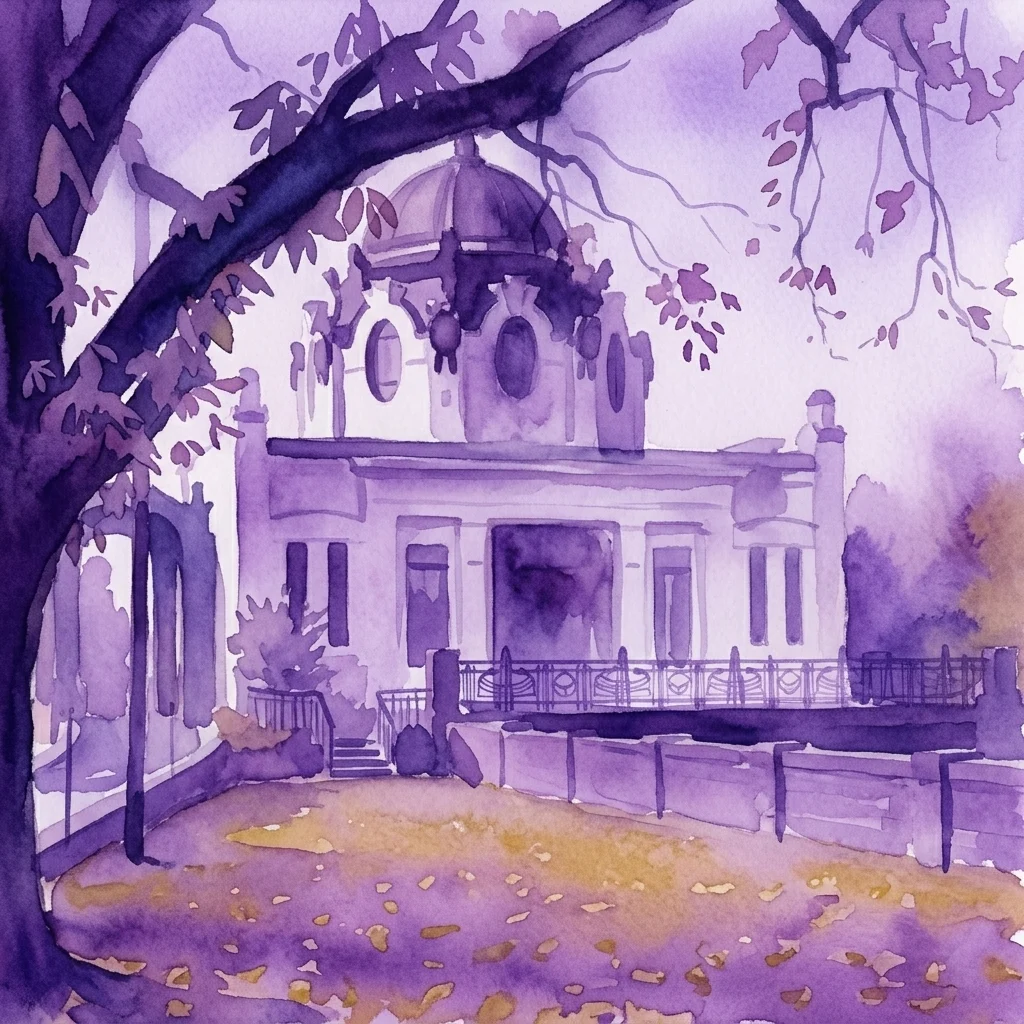 Aquarel van het Otto Wagner Hofpavillon Hietzing, een art-nouveaupaviljoen met een koepeldak en sierlijke details, omlijst door takken en paars gebladerte.
