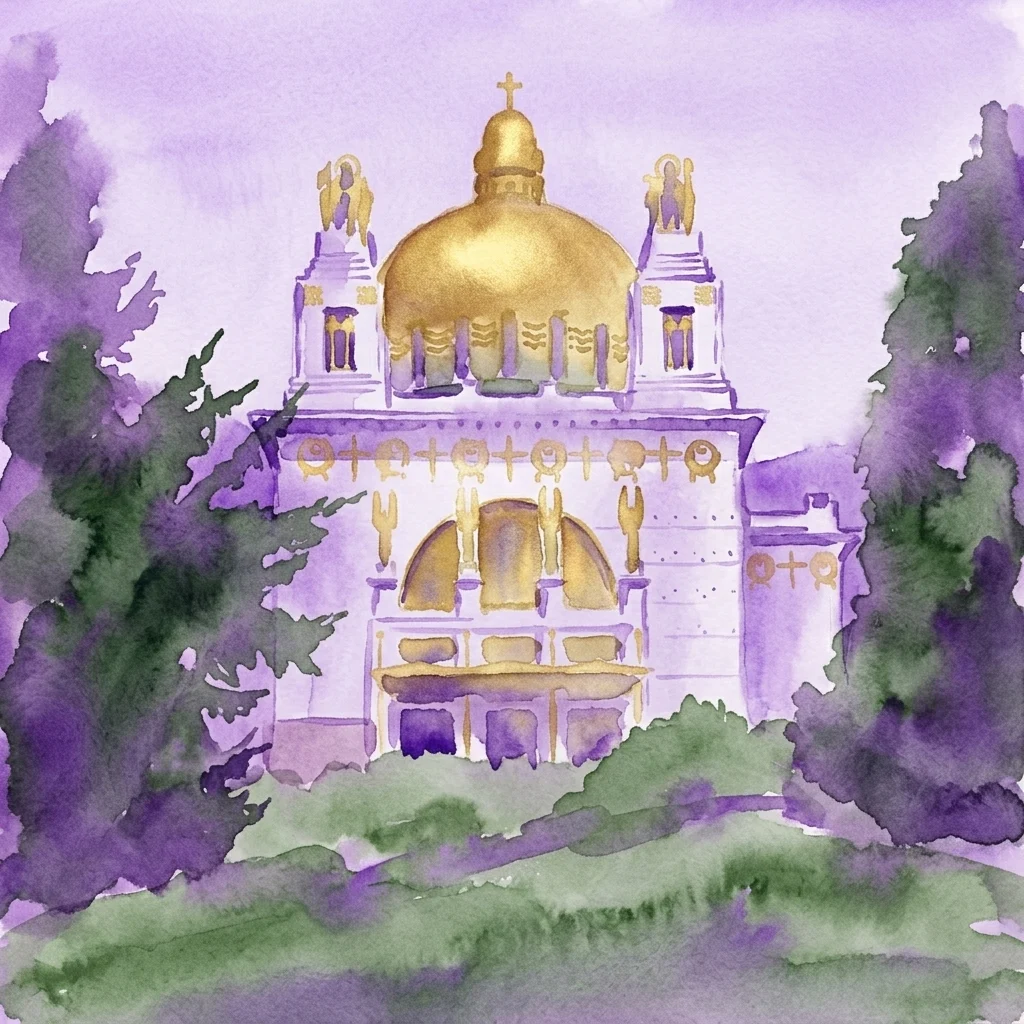 Ilustracja akwarelowa Kościoła Otto Wagnera am Steinhof, przedstawiająca jego ikoniczną złotą kopułę i architekturę w stylu Art Nouveau na tle fioletowego nieba i zielonego krajobrazu.