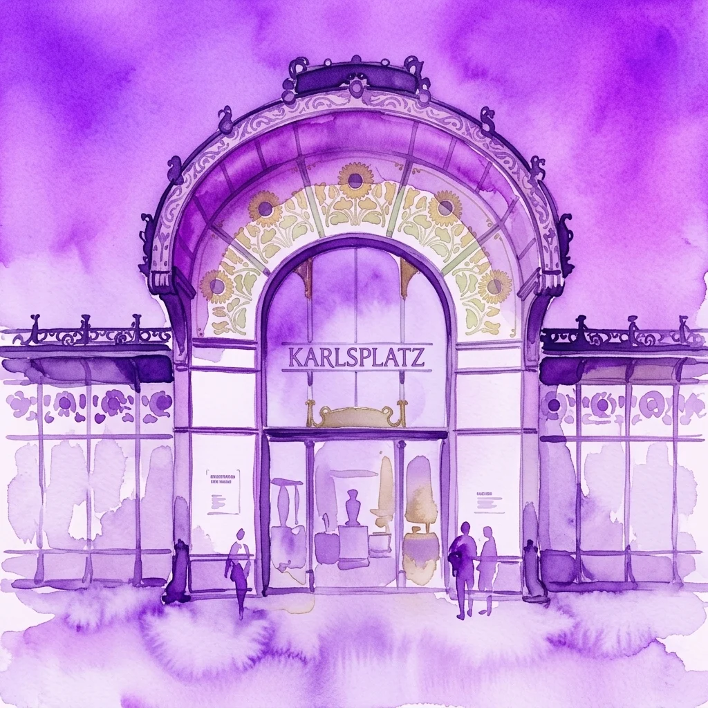 Waterverfillustratie van het Otto Wagner Paviljoen op Karlsplatz, met zijn Art Nouveau-architectuur met sierlijke bogen en zonnebloemmotieven, dat nu een tentoonstelling over het werk van de architect huisvest.
