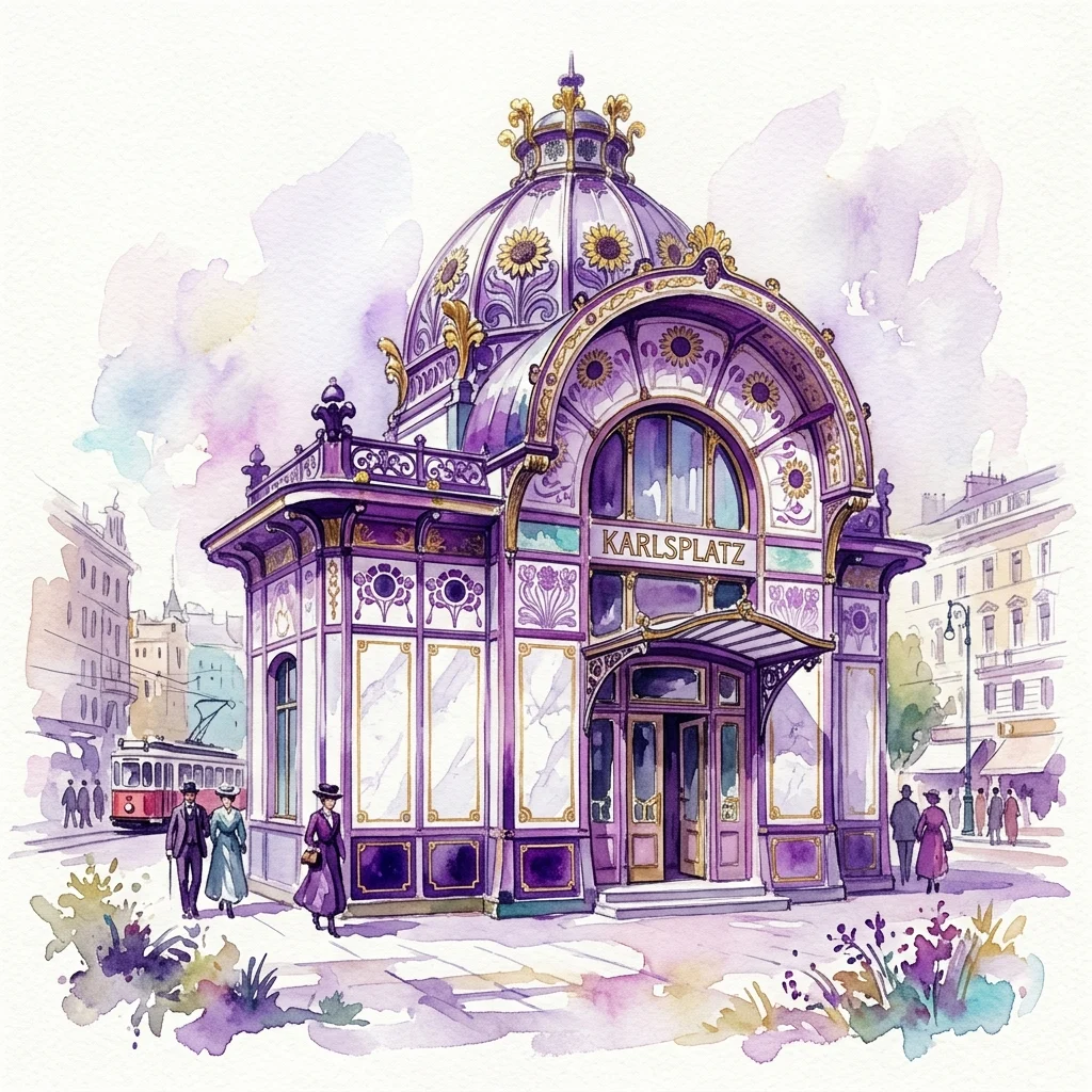 Ilustracja akwarelowa Pawilonu Otto Wagnera Karlsplatz, historycznego pawilonu stacji kolejowej w stylu Jugendstil w Wiedniu, z fioletowymi i złotymi zdobieniami, motywami słoneczników i kopułą z nazwą 'Karlsplatz' umieszczoną nad wejściem.