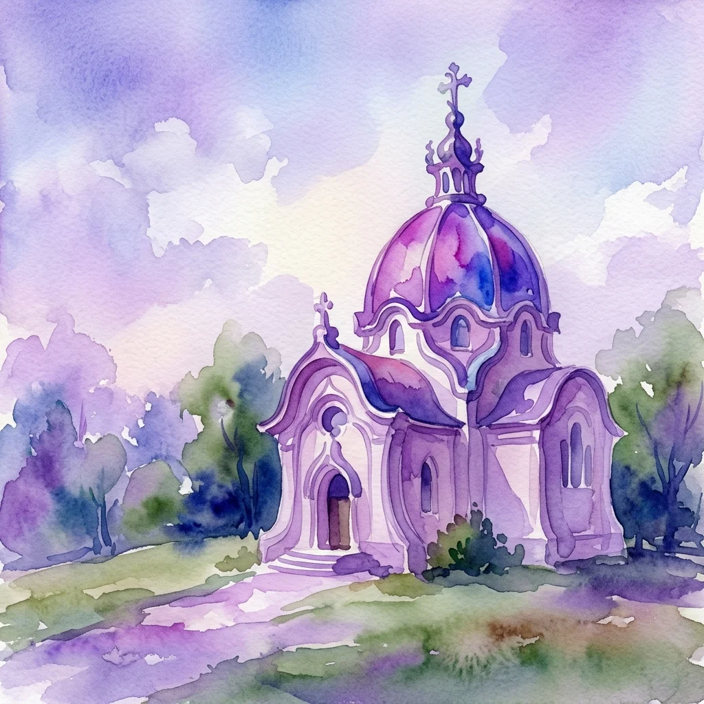 Ilustracja akwarelowa Kościoła Otto Wagnera am Steinhof, wiedeńskiego kościoła w stylu Art Nouveau z fioletową kopułą, w spokojnej scenerii.