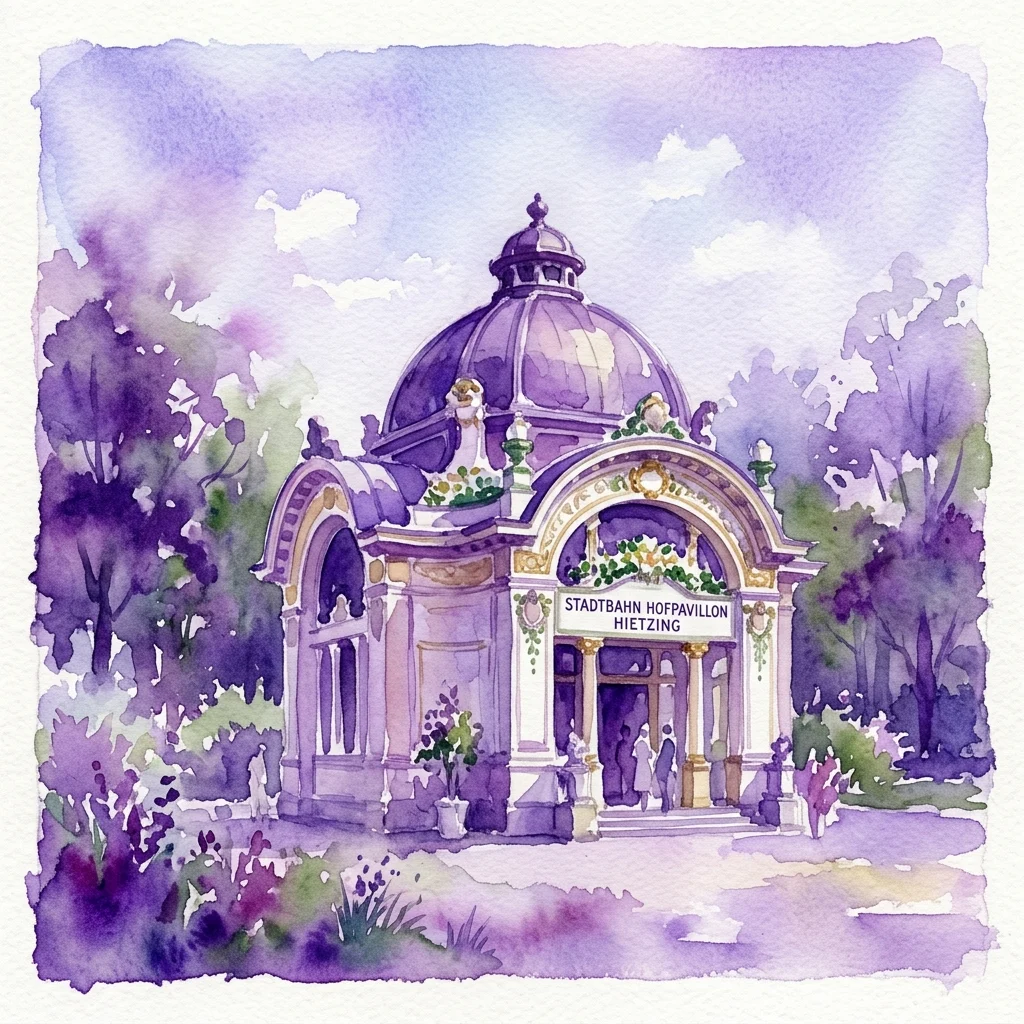 Ilustracja akwarelowa Pawilonu Cesarskiego Ottona Wagnera w Wiedniu-Hietzing, zabytkowej wiedeńskiej budowli w stylu Art Nouveau z kopulastym dachem i ozdobnymi detalami, pełniącej funkcję dawnej stacji kolei miejskiej.