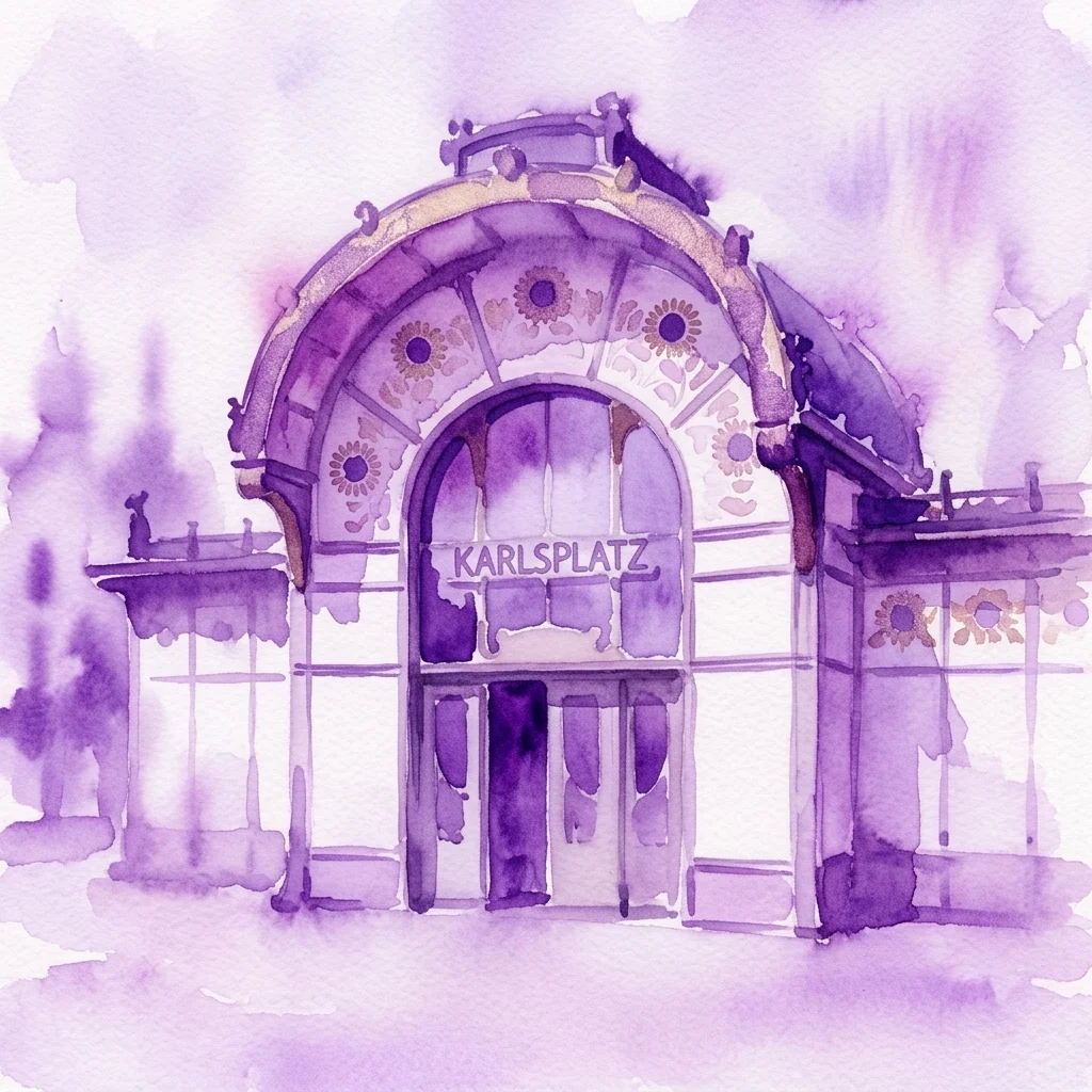 Ilustracja akwarelowa Pawilonu Stadtbahn Karlplatz, secesyjnej budowli zaprojektowanej przez Otto Wagnera, z ozdobnymi motywami słoneczników i łukowym wejściem.