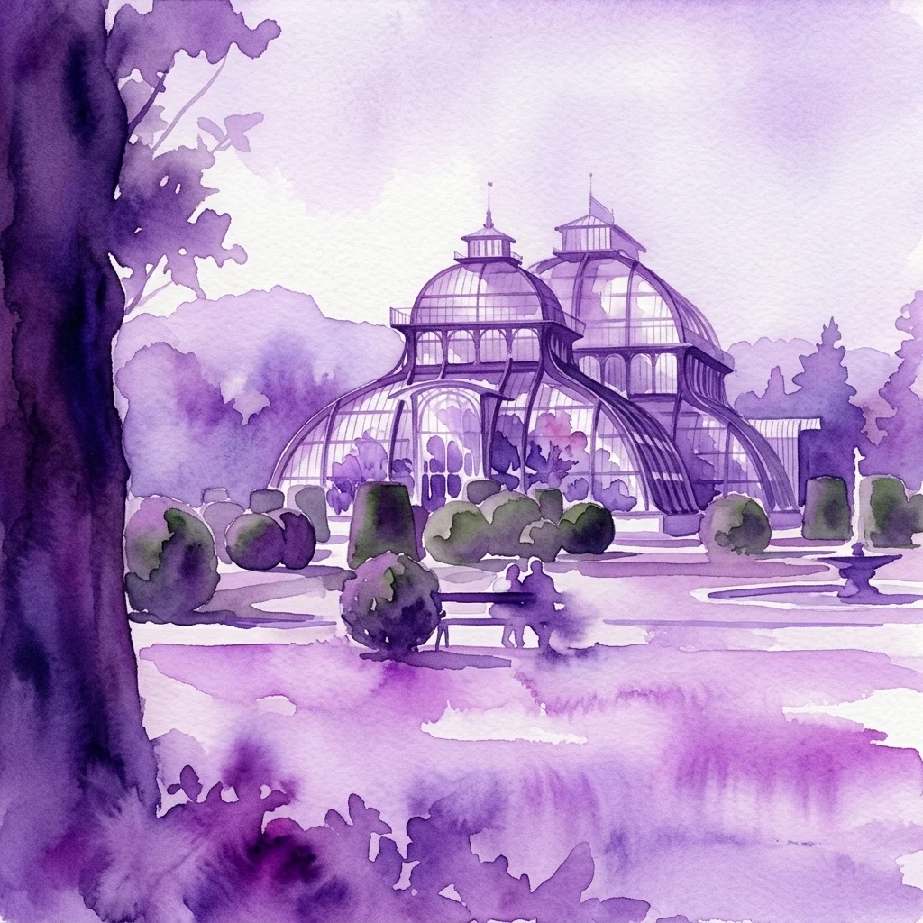 Akwarela przedstawiająca Palm House w Schönbrunn, wspaniałą szklano-żelazną konstrukcję otoczoną wypielęgnowanymi ogrodami i drzewami, skąpaną w miękkim fioletowym świetle.