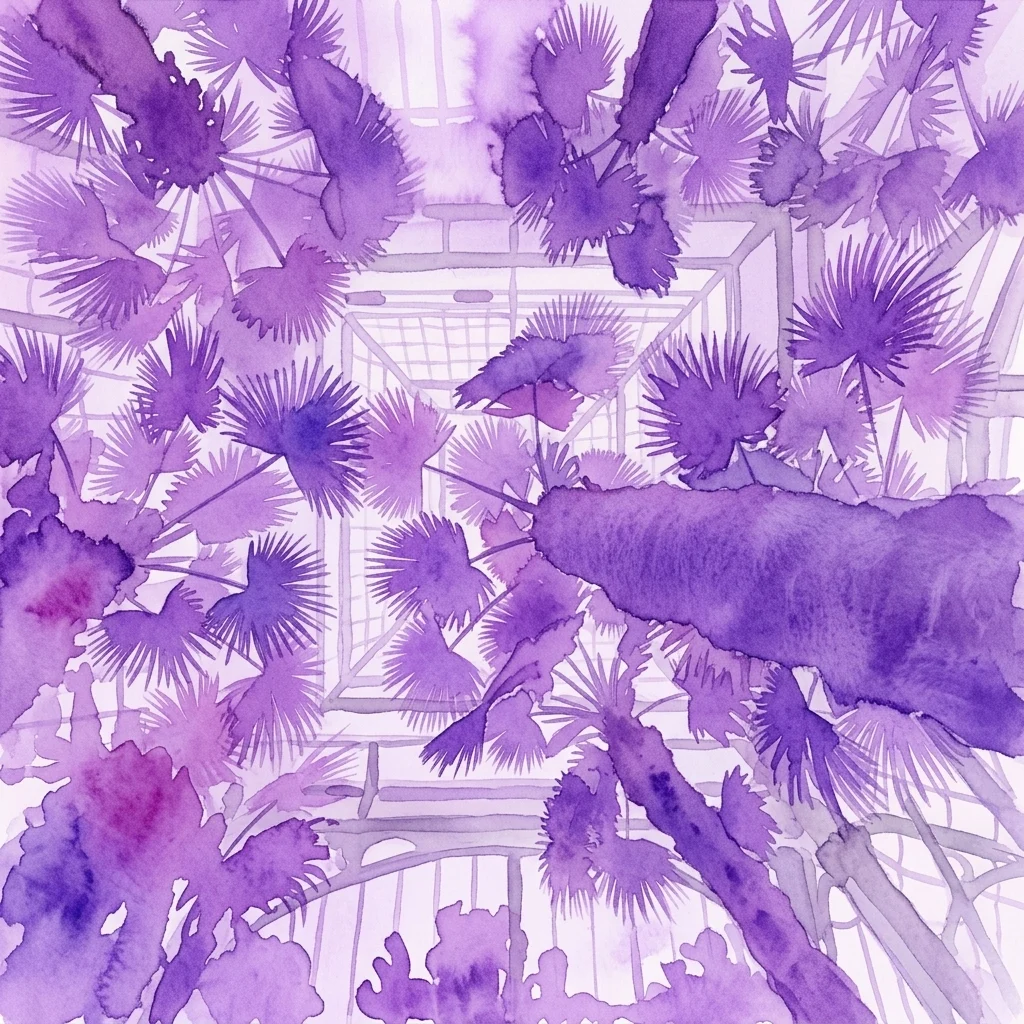Ilustracja akwarelowa Palmenhaus w Parku Pałacu Schönbrunn, przedstawiająca bujne tropikalne rośliny i szklaną konstrukcję w fioletowych odcieniach.