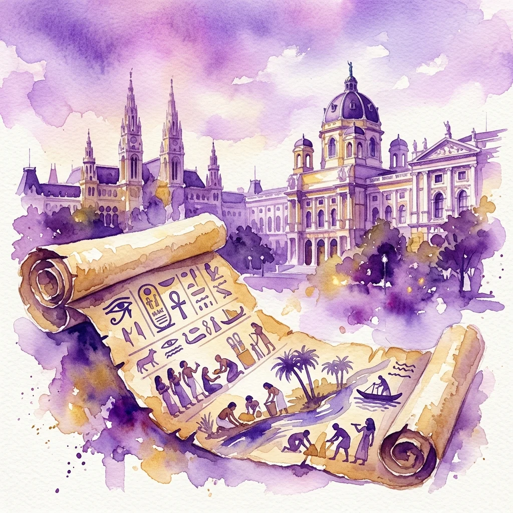 Starożytny egipski zwój papirusu z hieroglifami i scenami z życia codziennego, rozwijający się przed Pałacem Hofburg w Wiedniu, reprezentujący Muzeum Papirusu Austriackiej Biblioteki Narodowej.