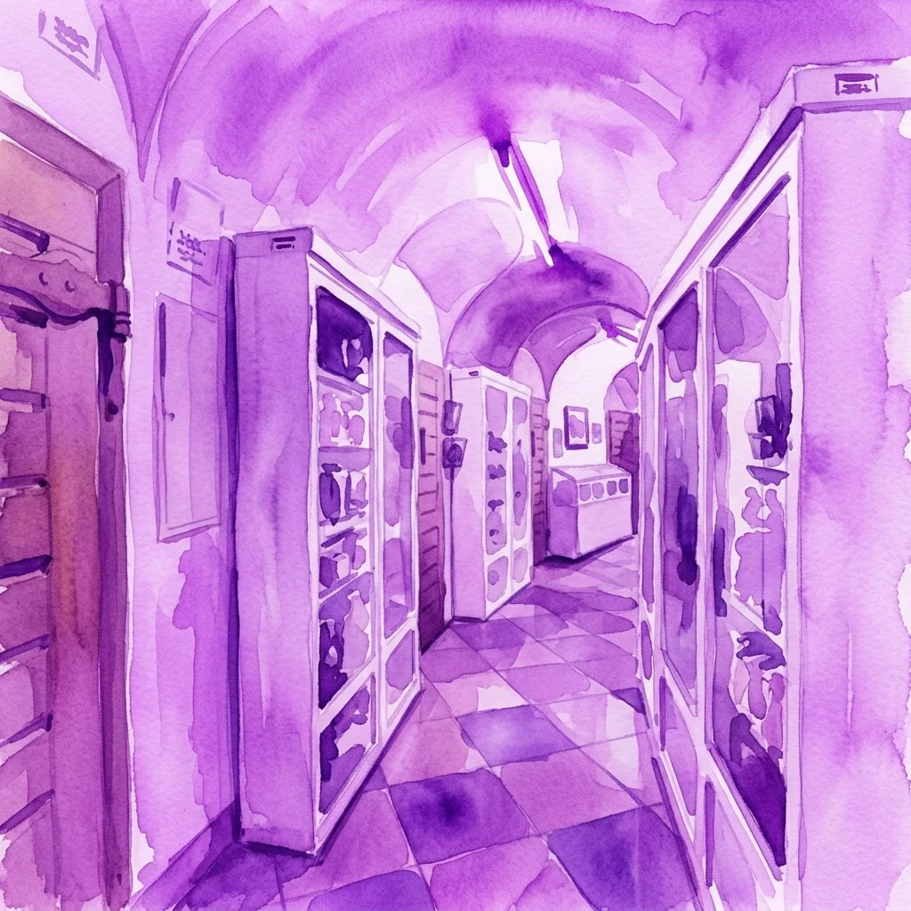 Una ilustración en acuarela de una galería de museo con vitrinas de cristal que contienen especímenes conservados, ubicada dentro de la arquitectura circular del edificio Narrenturm.