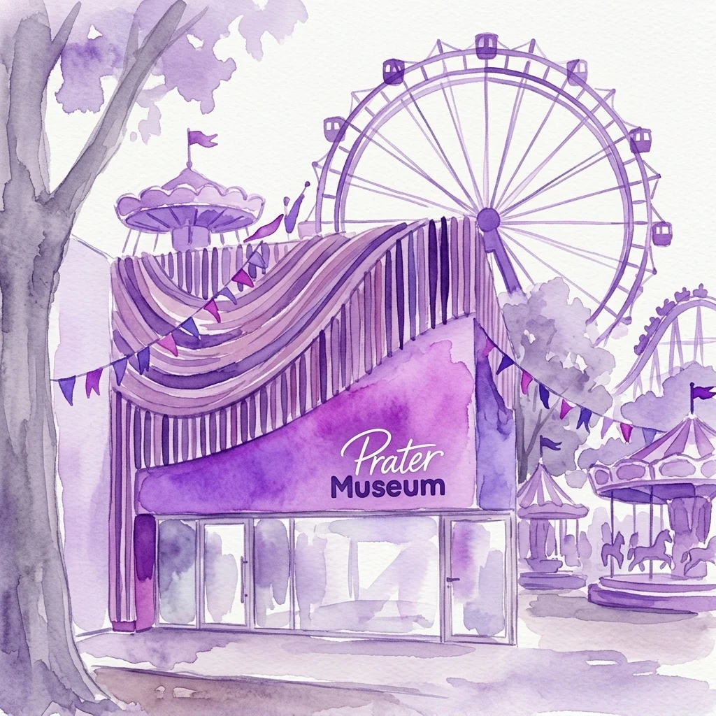 Waterverfillustratie van het Prater Museum met een reuzenrad en attracties op de achtergrond, die de locatie nabij de Weense Wurstelprater laat zien.
