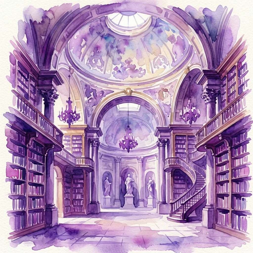 Wielka barokowa sala biblioteczna z wysokimi drewnianymi regałami, kopułą ozdobioną freskami, żyrandolami i klasycznymi posągami, przedstawiająca salę reprezentacyjną (Prunksaal) Austriackiej Biblioteki Narodowej.