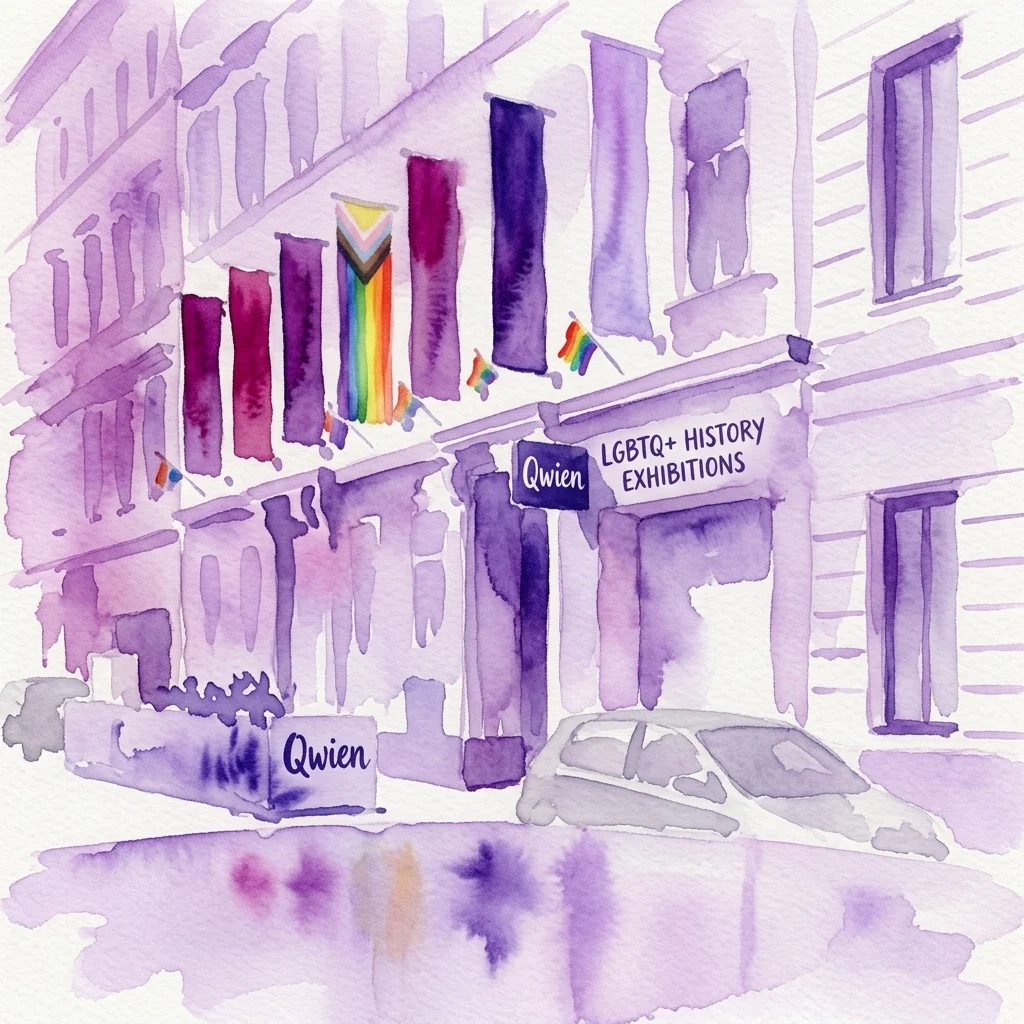 Ilustracja akwarelowa zewnętrznej części budynku Qwien z tęczowymi i fioletowymi flagami, z oznakowaniem wystaw historii LGBTQ+ i biblioteki.