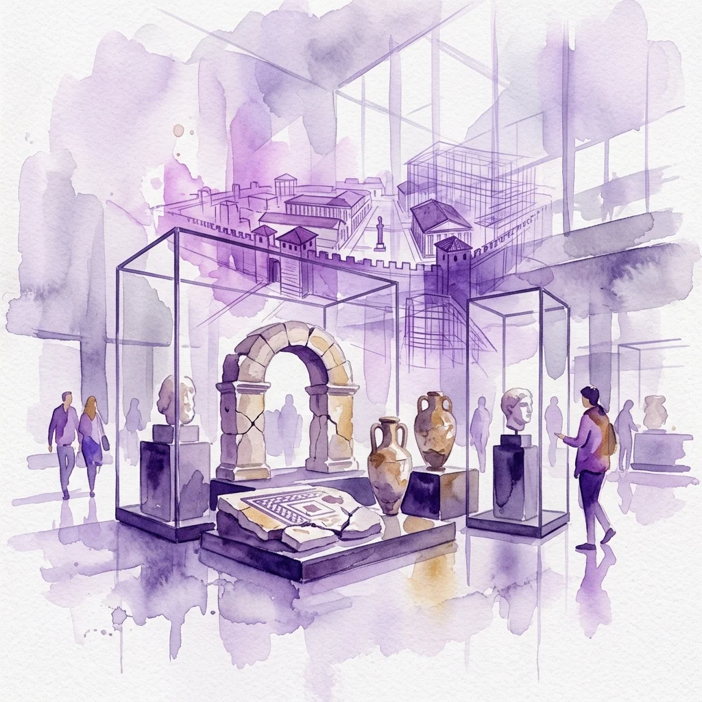Ilustracja akwarelowa wnętrza Muzeum Rzymskiego, prezentująca starożytne rzymskie artefakty, takie jak ceramika, rzeźby i kamienny łuk w gablotach, z zwiedzającymi i wizualizacją 3D Vindobony w tle.