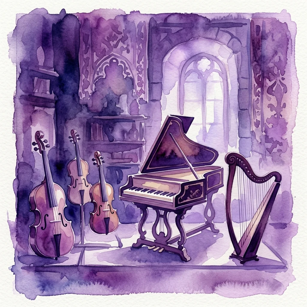 Ilustracja akwarelowa zabytkowych instrumentów muzycznych, w tym skrzypiec, harfy i fortepianu, przedstawiona w zabytkowym otoczeniu z łukowymi oknami i ozdobnym kamieniarstwem.