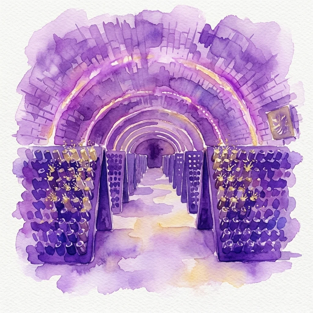 Watercolor illustration of a historic wine cellar with arched ceilings and rows of sparkling wine bottles on racks, evoking tradition and sophistication.