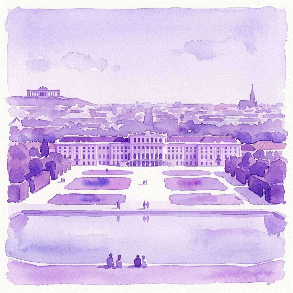 Ilustración en acuarela del Palacio de Schönbrunn, que muestra su arquitectura barroca, sus extensos jardines y la Gloriette al fondo bajo un cielo despejado.