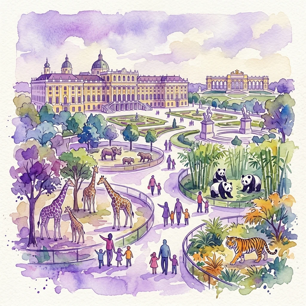 Ilustracja akwarelowa wiedeńskiego zoo Schönbrunn przedstawiająca żyrafy, pandy, tygrysy i zwiedzających w pobliżu zabytkowego Pałacu Schönbrunn.