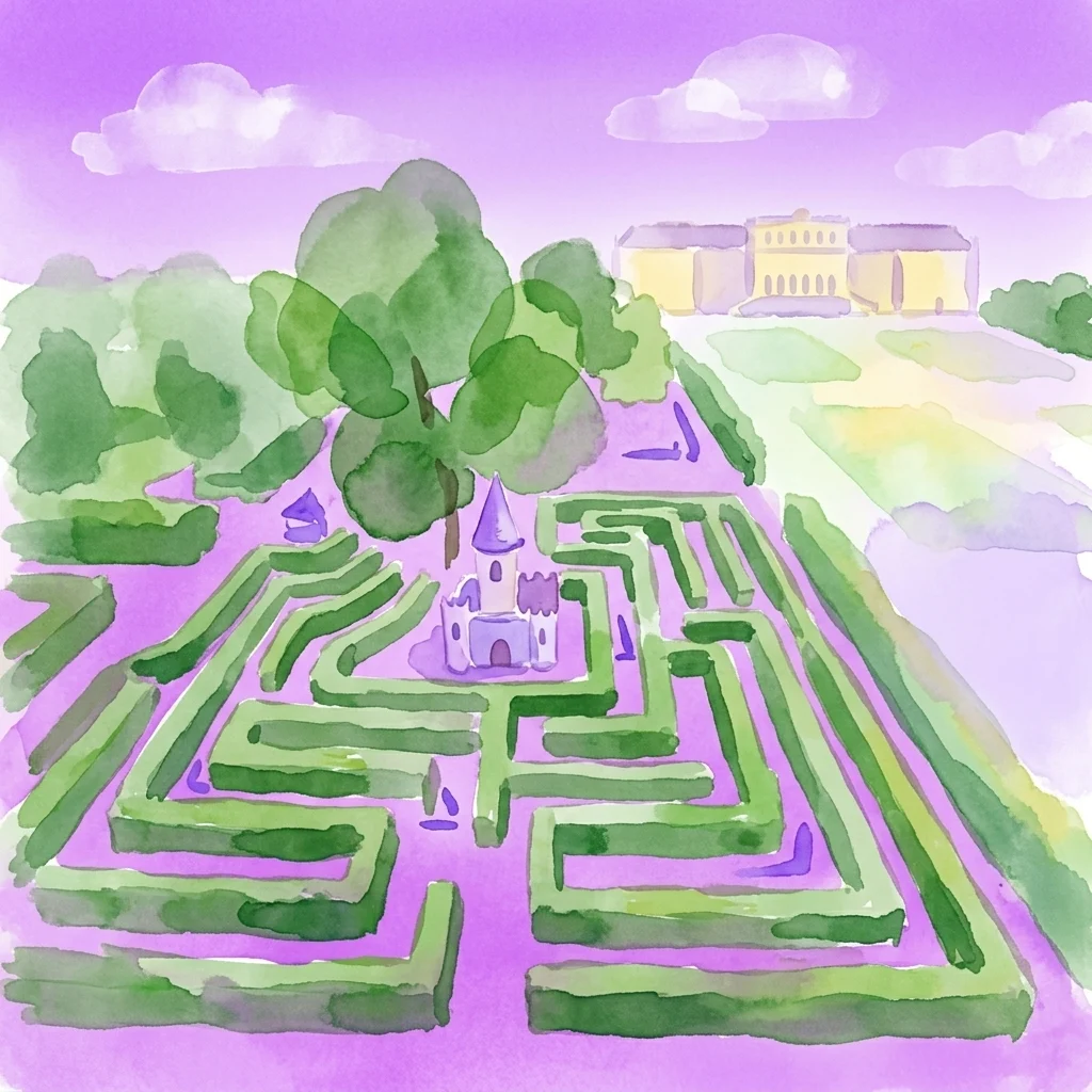 Ilustracja akwarelowa Labiryntu Schönbrunn z fantazyjnym zamkiem w centrum, otoczonym zielonymi żywopłotami i na tle purpurowego nieba.