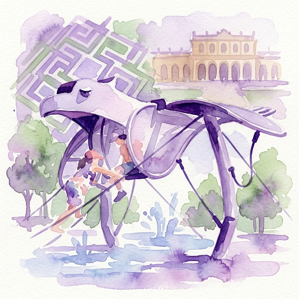 Dzieci bawiące się na fantazyjnej konstrukcji placu zabaw w kształcie ptaka z historycznym labiryntem i pałacem w tle, będącej częścią kompleksu Schönbrunn Maze and Labyrinth.