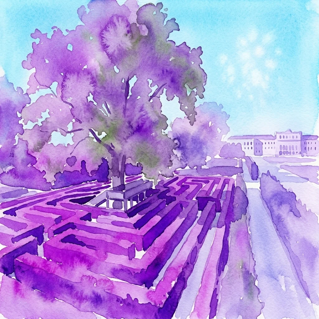 Ilustración en acuarela del laberinto del Palacio de Schönbrunn en tonos púrpuras, con un gran árbol central y un edificio palaciego histórico de fondo bajo un cielo azul.