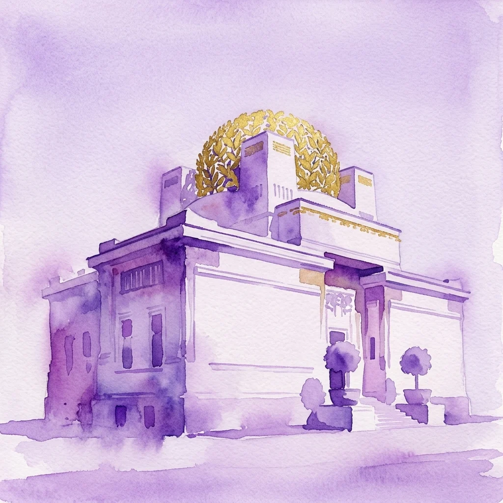 Waterverfillustratie van het Secession-gebouw in Wenen, met de iconische gouden lauwerkranskoepel tegen een paarse hemel, een sleutelvoorbeeld van de Weense art nouveau-architectuur.
