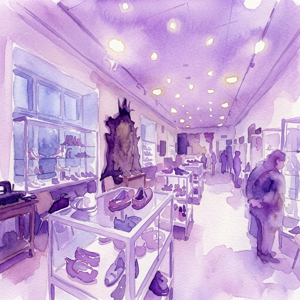 Waterverfillustratie van het interieur van het Schoenenmuseum, met vitrines met historische schoenen, een grote dierenhuid en bezoekers die de tentoonstellingen verkennen onder paars getinte verlichting.