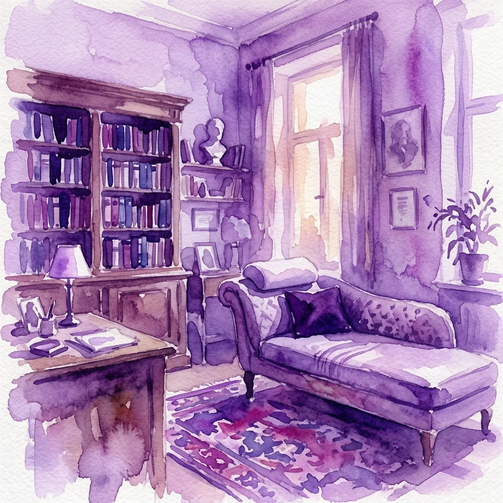 Watercolor illustration of Sigmund Freud's study room, featuring a chaise lounge, bookshelf, desk, and personal effects, evoking the historical atmosphere of his consulting room in Vienna.