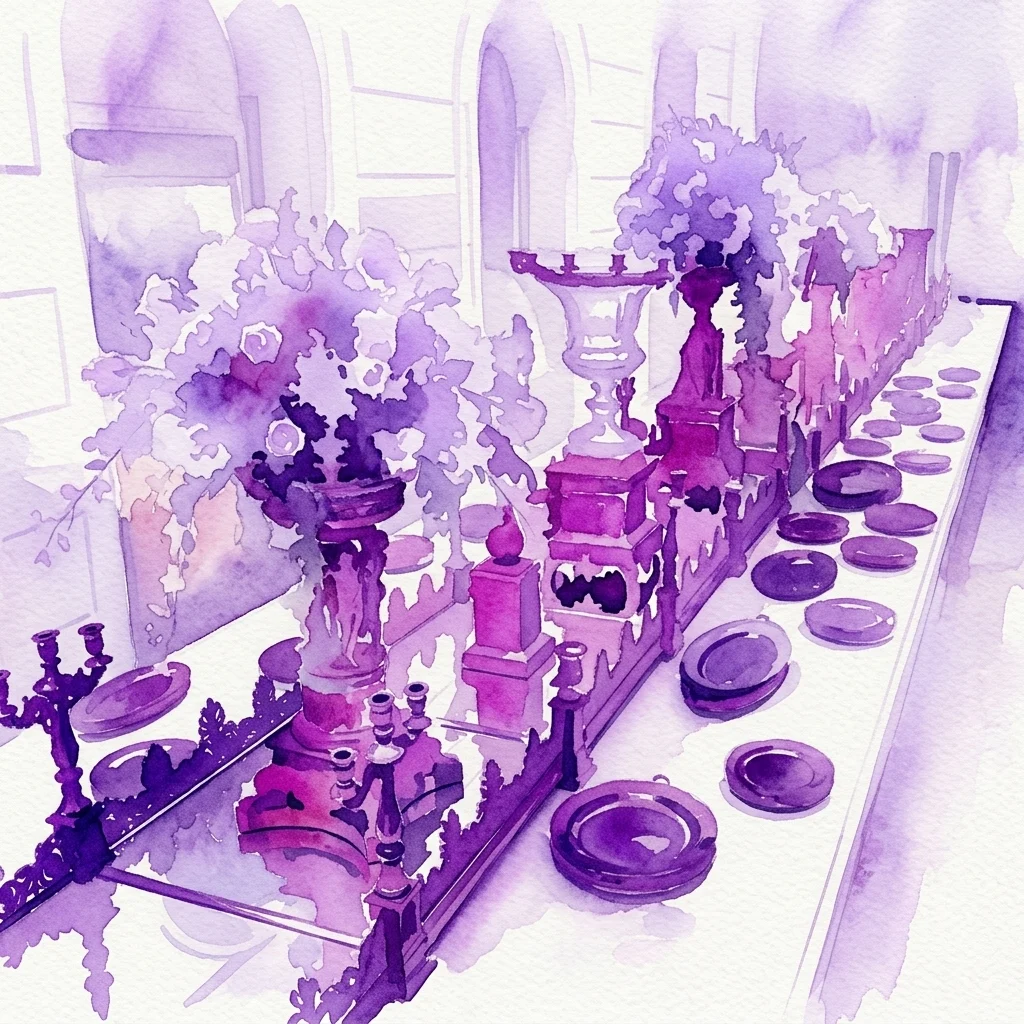 Een aquarelillustratie van de Zilveren Kamer in de Hofburg, met sierlijk zilverwerk, porselein en tafelgerei in een weelderige keizerlijke dinersetting.