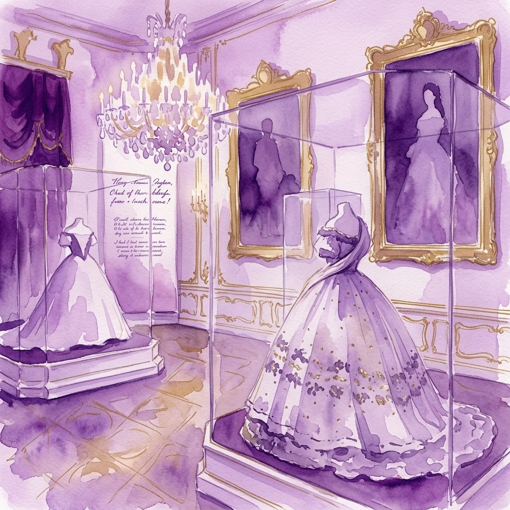 Een elegante aquarelillustratie van het interieur van het Sisi Museum, met vergulde lijsten, een grote kroonluchter en historische jurken tentoongesteld in vitrines, die de koninklijke sfeer van Keizerlijk Oostenrijk vastlegt.