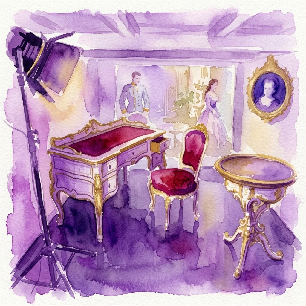Een aquarelillustratie van een filmstudio-set met sierlijk paars en gouden meubilair, waaronder een bureau, stoel en tafel, met een spotlight en een achtergrond die personages uit de Sissi-films uitbeeldt.