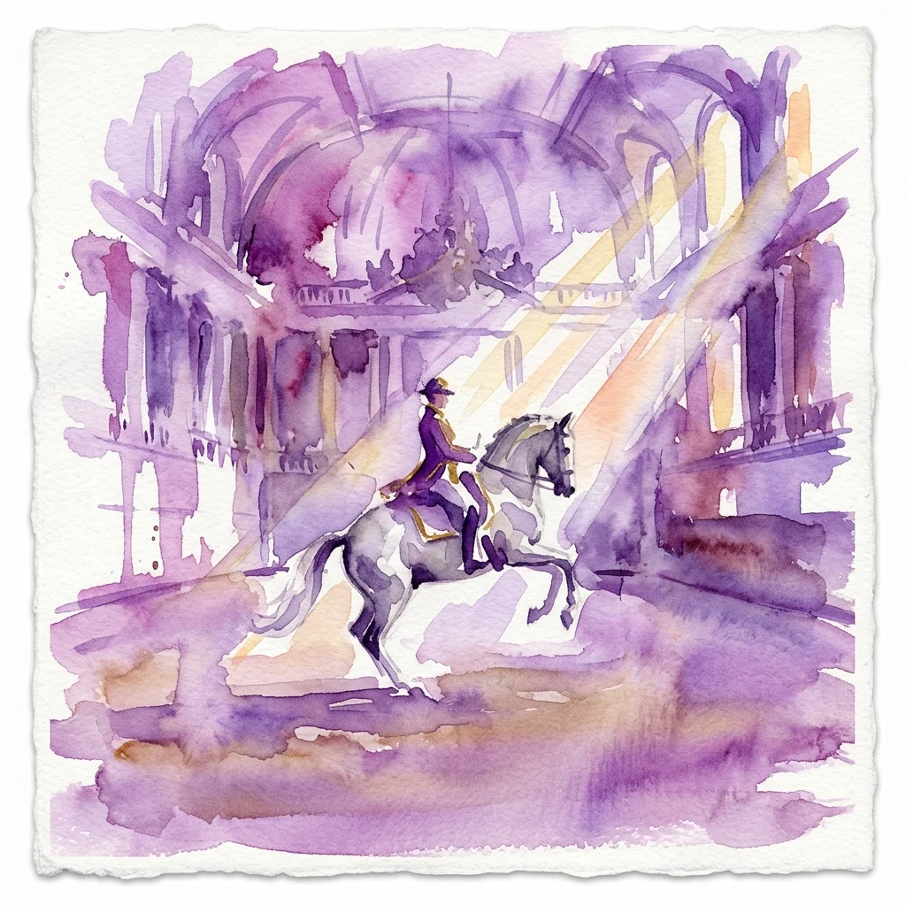 A watercolor illustration of a Lipizzaner horse and rider performing in the Spanish Riding School's baroque hall, with dramatic purple and gold lighting.