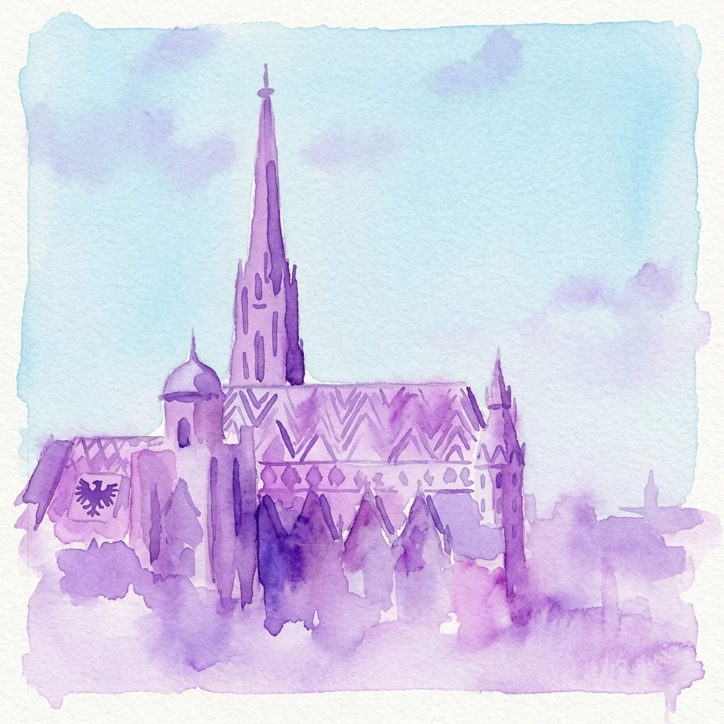 Ilustración en acuarela de la Catedral de San Esteban en Viena, que presenta su icónico pináculo gótico y arquitectura de tonalidad púrpura contra un cielo azul claro.