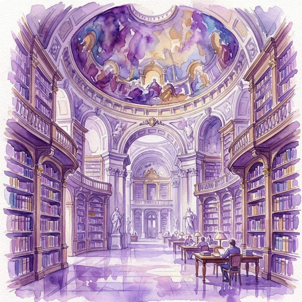Ilustracja akwarelowa Sali Cesarskiej Austriackiej Biblioteki Narodowej, prezentująca jej barokową architekturę z wysokimi regałami, wielką freskową kopułą, marmurowymi posągami i odwiedzającymi czytającymi przy stołach.
