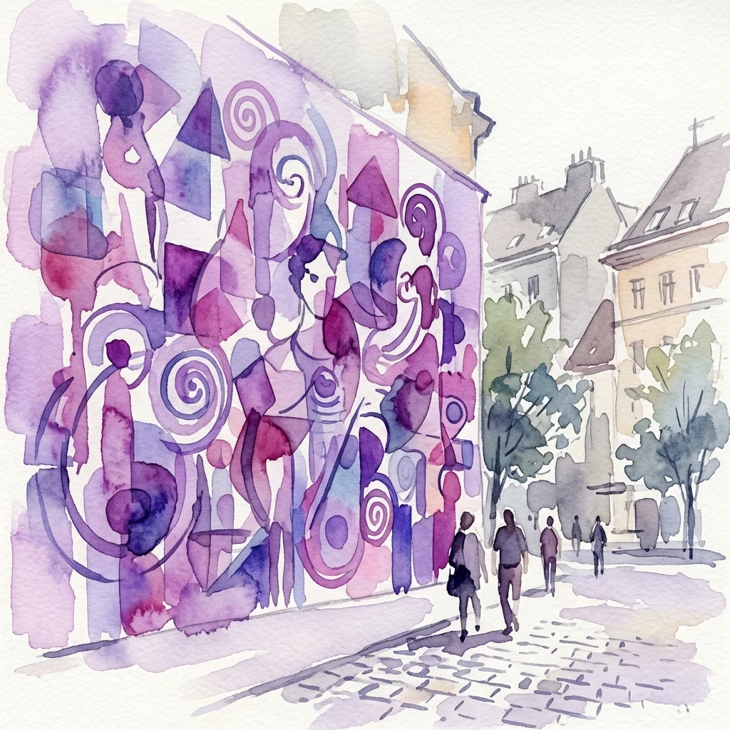 A vibrant watercolor mural in Vienna featuring abstract purple and pink shapes, spirals, and figures on a city wall, with pedestrians walking on a cobblestone street and Viennese architecture in the background.