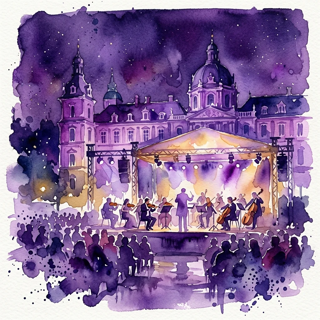 Een aquarelillustratie van de Wiener Philharmoniker die optreden op het Zomerconcert in het park van paleis Schönbrunn, met een statige paleisachtergrond onder een sterrenhemel.