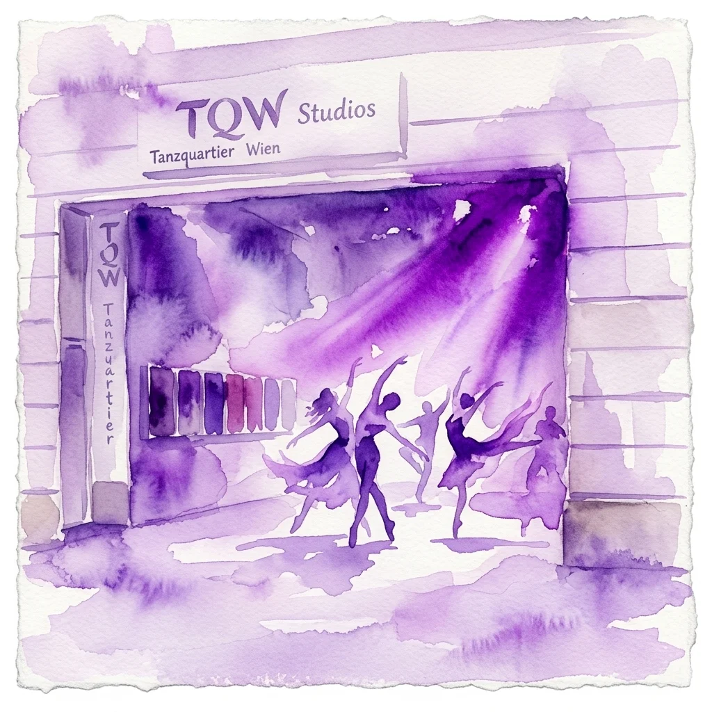 Ilustración en acuarela de la entrada de TQW Studios en Tanzquartier Wien, con siluetas de bailarines actuando bajo luces de escenario púrpuras.